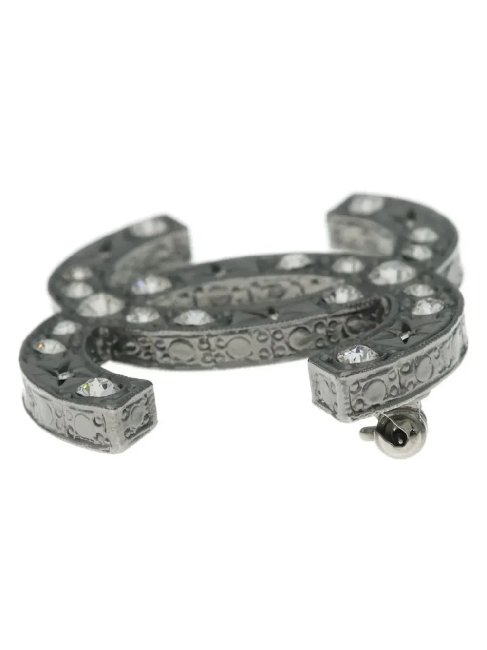 Chanel CC Logo Rhinestone Brooch Pin Badge Silver
